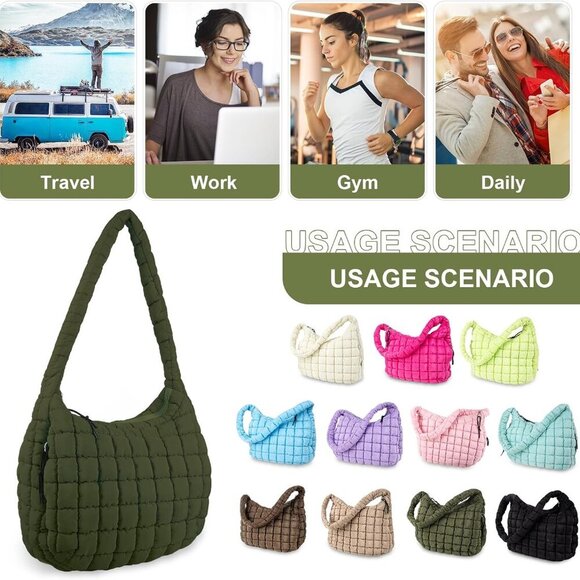 Quilted Puffer Tote Bag Purse Puffy Crossbody Shoulder Bag,Lightweight Nylon Hob - Picture 7 of 7